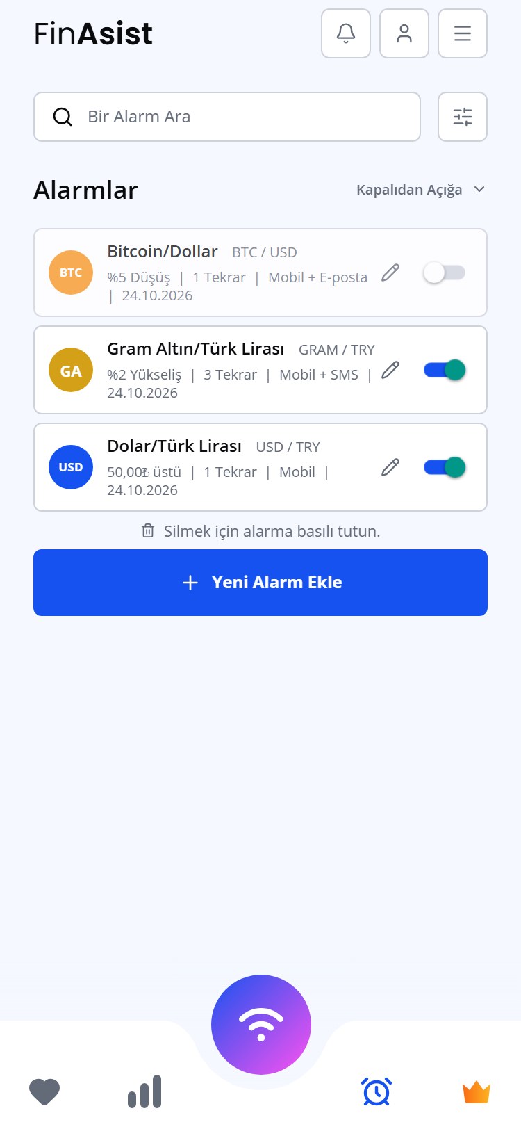 FinAsist alarm listesi: yüzde ve fiyat alarmları